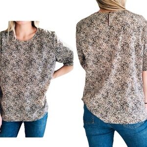 Talbots Animal Print Cheetah Print Short Sleeve Blouse Satin Keyhole 16 Petite